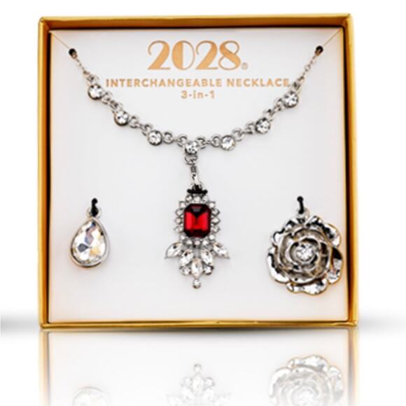 NEW 2028 Interchangeable NECKLACE SET 16" Red & Crystal Teardrop Pendants Boxed - Picture 1 of 4